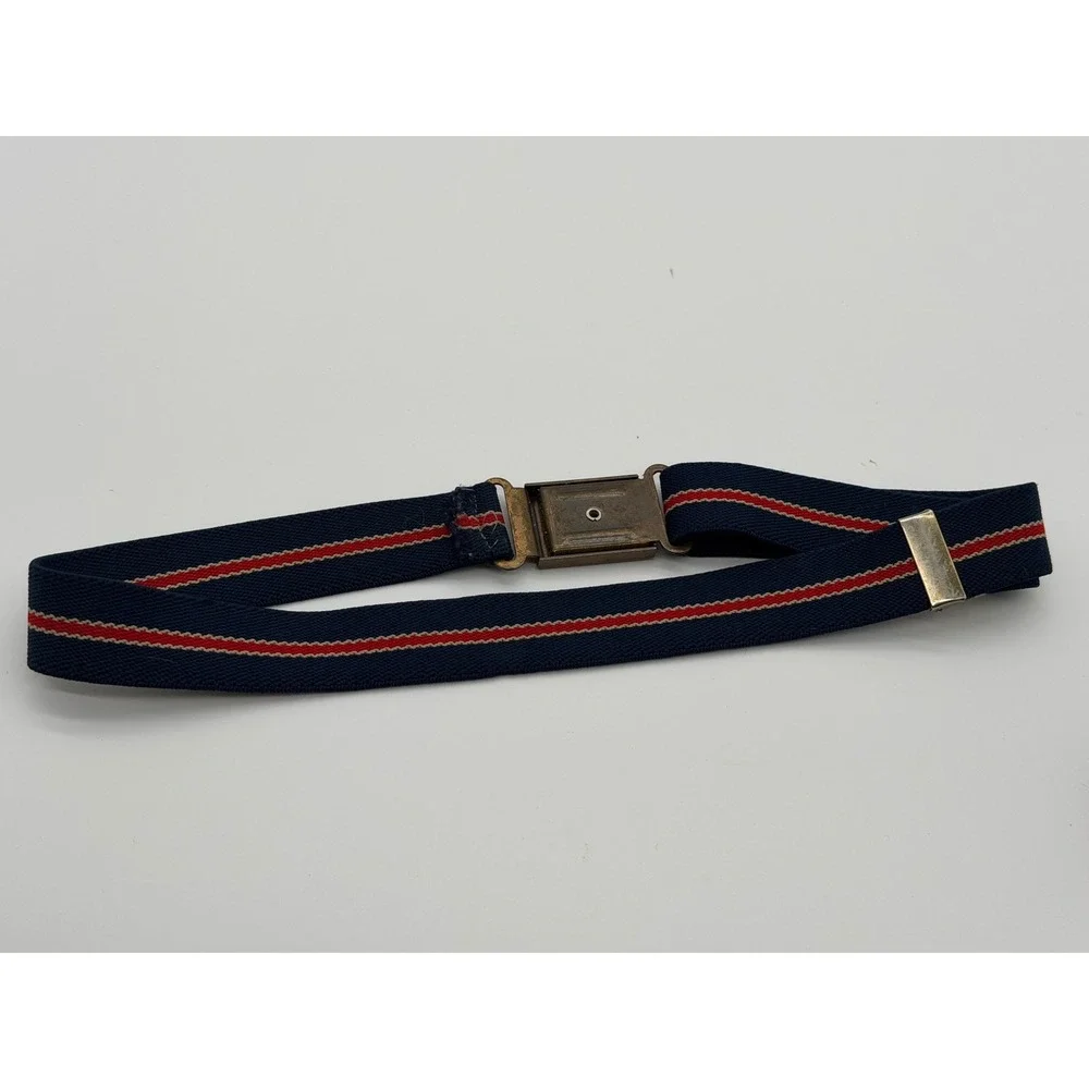 Vintage 70's Kids Elastic Belt Navy Blue Red Striped Brass Car Buckle Adjustable